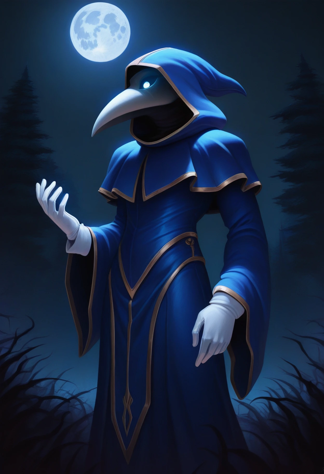 masterpiece, best quality, 1boy, solo, male focus, <lora:lunaticcultist-terraria-richy-v1_ixl:1> lunaticcultist, plague doctor mask, blue robe, hood up, wide sleeves, glowing eyes, standing, outdoors, night, full moon, dark, darkness, white gloves