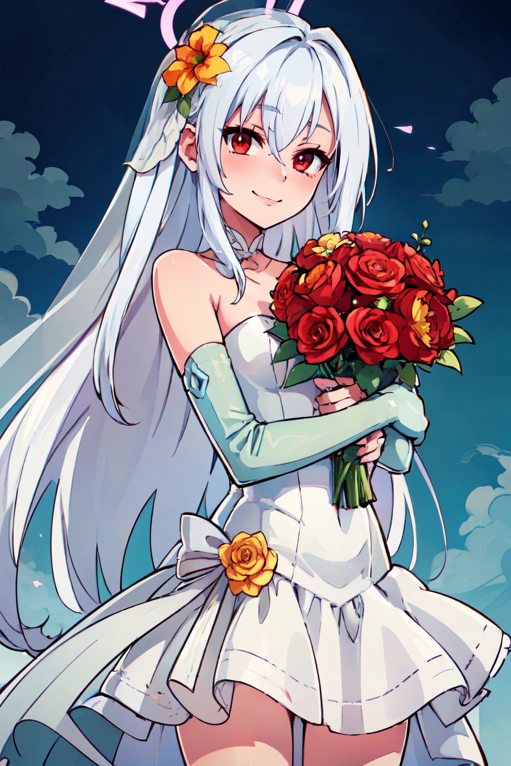 ((masterpiece,best quality)), absurdres,  BREAK, , <lora:Suzumi_BlueArchive_Citron:0.8>,, zzSuzumi, wings, head wings, long hair, halo, red eyes, hair between eyes, white hair, grey hair, very long hair, BREAK, bride, wedding dress, bridal veil, strapless dress, elbow gloves, holding bouquet,, BREAK, solo, smile, looking at viewer, cowboy shot,