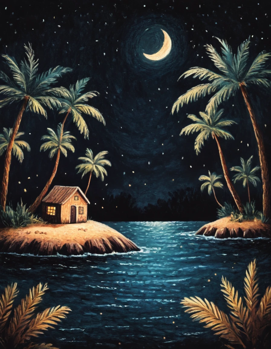 novuschroma style tiny island at night with palm trees <lora:013_novuschromaSXL_b3:1>