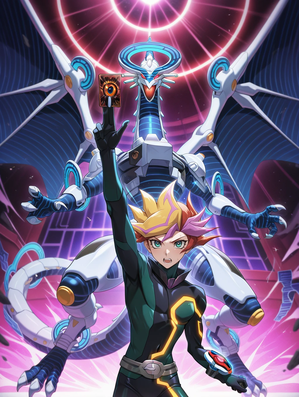 card, 1boy, 1other, male focus, arm up, holding card, open mouth, duel disk, looking at viewer, teeth, firewall dragon, red sclera, playmaker \(yu-gi-oh!\), spread wings, black bodysuit, high collar, blue skin
masterpiece,best quality,amazing quality,very aesthetic,absurdres,newest
<lora:Playmaker, Accesscode, Decode Talker & Firewall Dragon illuXL v1.1:0.8>,