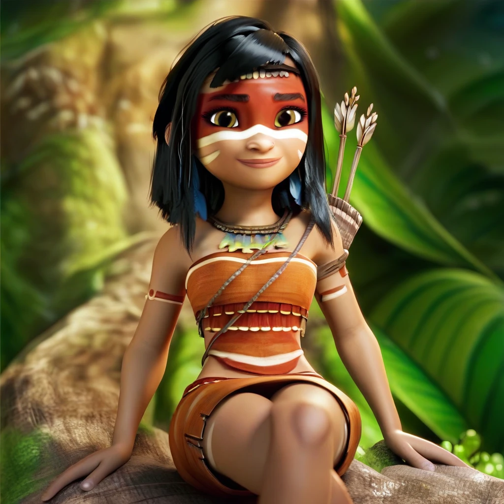 core_9, score_8_up, score_7_up, source_cartoon, prefect lighting, very aesthetic, intricate details, highly detailed background, high quality, prefect hands, best quality, 3d, outdoors, ainbo, black hair, medium hair, brown eyes, tribal clothes, necklace, feathers, tribal skirt, tribal necklace, sitting, amazon, vegetable, trees, crossed legs, looking at viewer, smile,