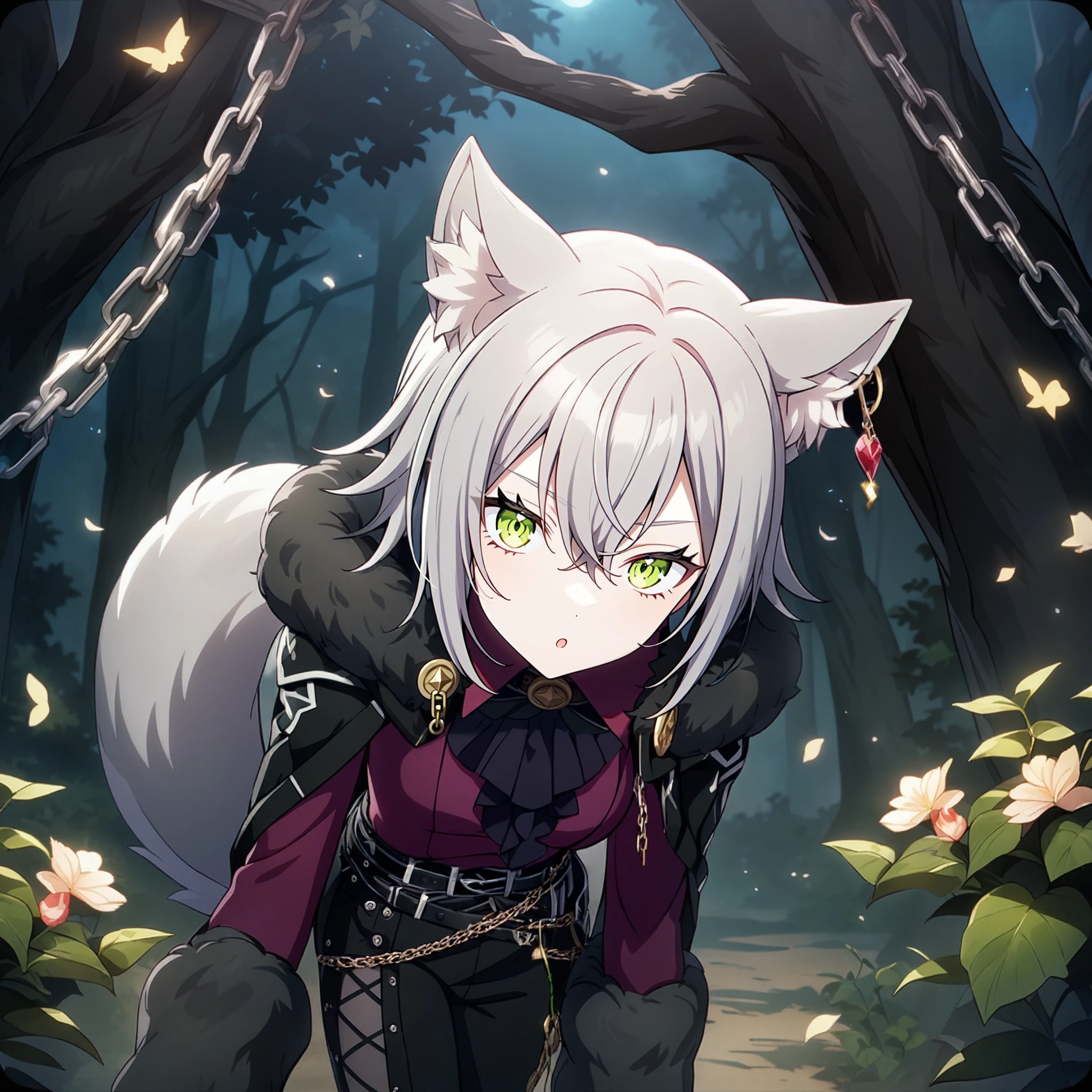 1girl, hinoori shiho, project sekai, masterpiece, very aesthetic, absurdres, official art, newest,
wolfs dark cloak, solo, silver short hair, green eyes, wolf hair,
looking at viewer, :o, leaning forward, BREAK
animal ears, long sleeves, black pants, pants, jewelry, belt, fur trim, jacket, boots, chain, wolf ear, wolf tail, wolf girl,
night, dark, dark atmosphere, in the forest, outdoors, huge tree, flowers, birds, squirrels, nature,
 <lora:sdxl-1A-wolfscloak03:0.9:lbw=0,0,0.2,0.2,0,0.4,0.4,0,0.8,0.8,0,0,0,0.8,0.8,0.6,0.8,0.0,0.0,0.0,0,0,0,0,0,0>