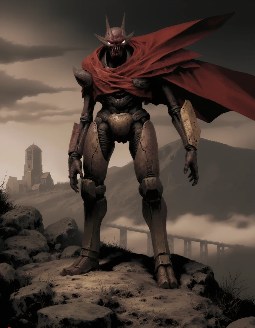 HDR photo of imposing robot- humanoid figure, with a striking demeanor, predominantly in shades of red and black, rugged landscape under a stormy sky. The central figure is a powerful, dismal entity. The image is a digital painting with a dramatic, foggy ground, sepia color palette, humanoid body with a metallic material, post-apocalyptic aesthetic, crumbling tower and a bridge. The sky is filled with dark clouds,
<lora:A_Dismal_Style:1> . High dynamic range, vivid, rich details, clear shadows and highlights, realistic, intense, enhanced contrast, highly detailed