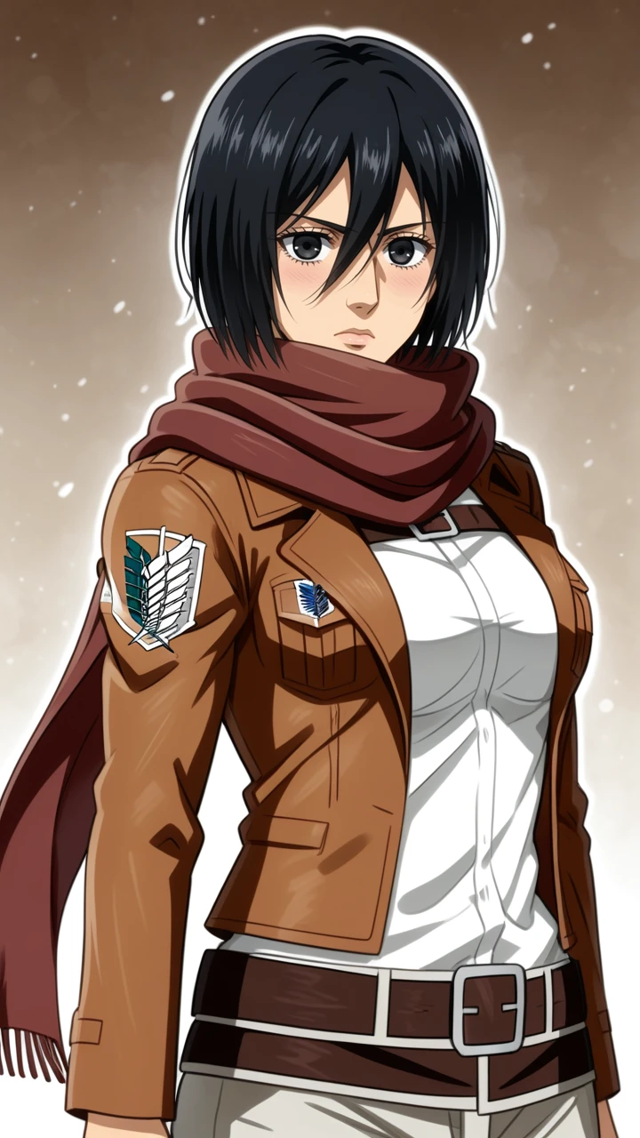 Ponyscores, Jedmiack,black hair, short hair, black eyes, scarf, brown jacket, white blousse, brown belt,  <lora:Mikasa:0.7>