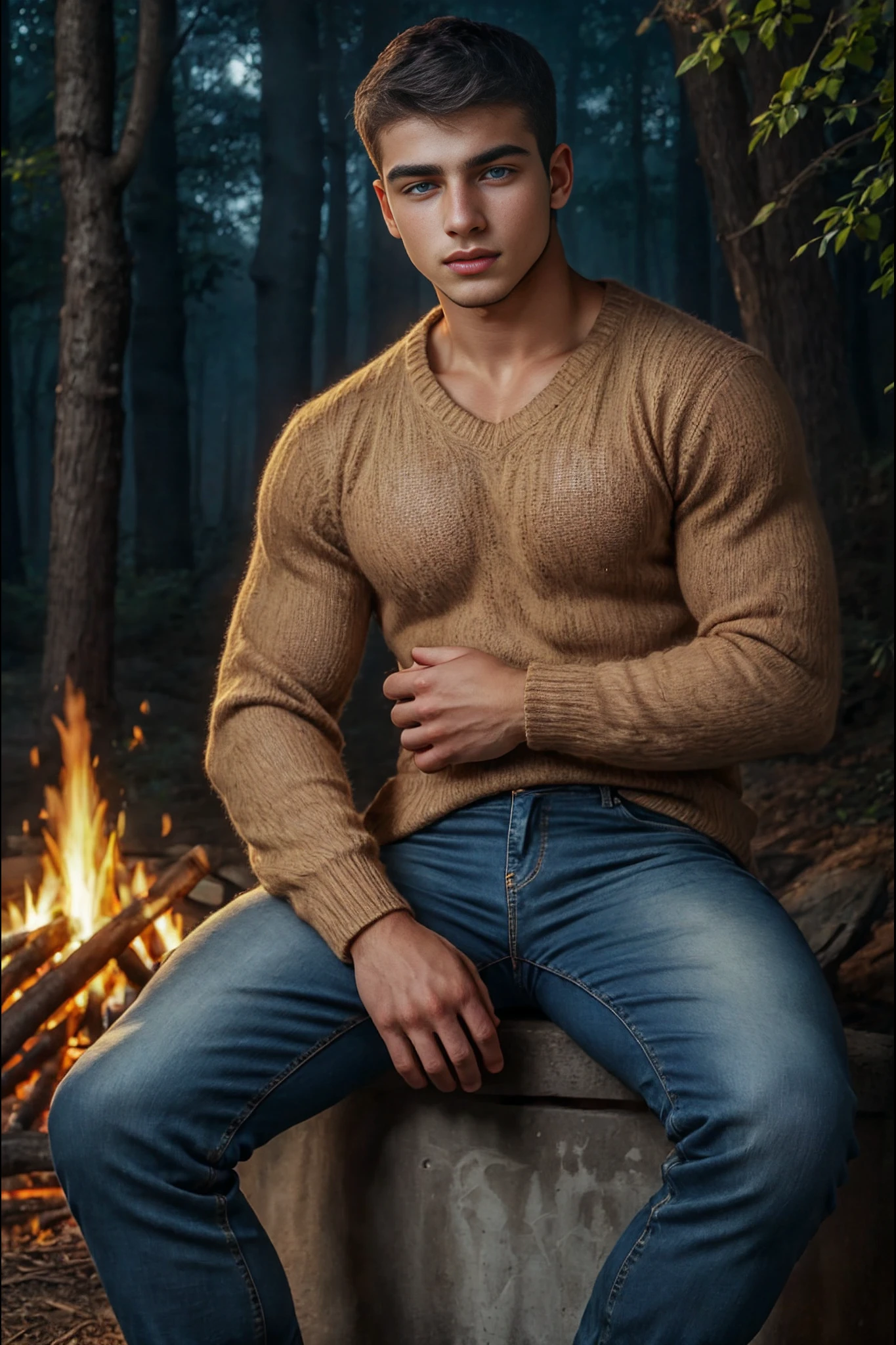 <lora:Damien_Caruso_GV:1>, 1boy, handsome, short black hair, blue eyes, Masterpiece, photo-realistic, Crystal clear, highly detailed, An incredibly attractive, stunningly handsome young twink, wearing a sweater and jeans, sitting near a bonfire in a dark forest at night.