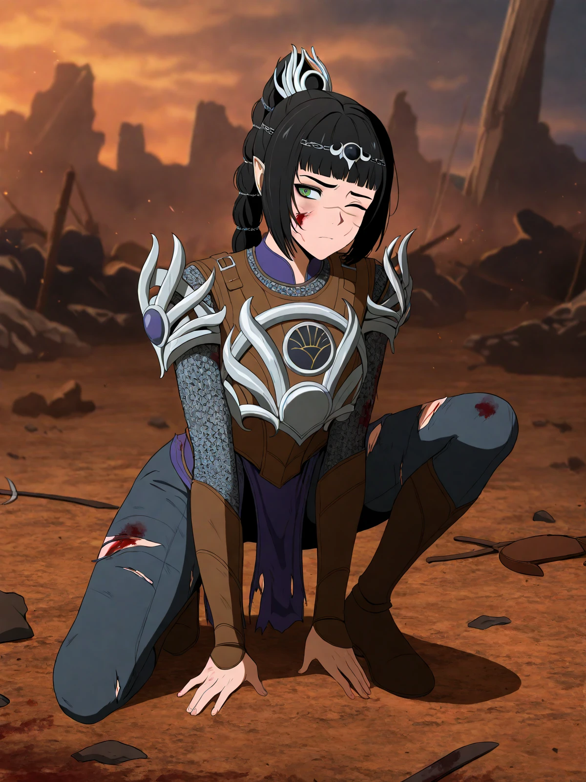 masterpiece, best quality, (coro fae, anime coloring:1.1)
BREAK
shadowheart \(baldur's gate\), black hair, long hair, ponytail, blunt bangs, braid, multi-tied hair, hair ornament, pointy ears, scar on face, green eyes, circlet, armor, breastplate, pauldrons, shoulder armor
BREAK
1girl, solo, battlefield, injury, torn clothes, blood on face, blood on clothes, wince, one eye closed, on one knee
<lora:shadowheart_nai-eps-sv_fro-0.98-16-16:1>