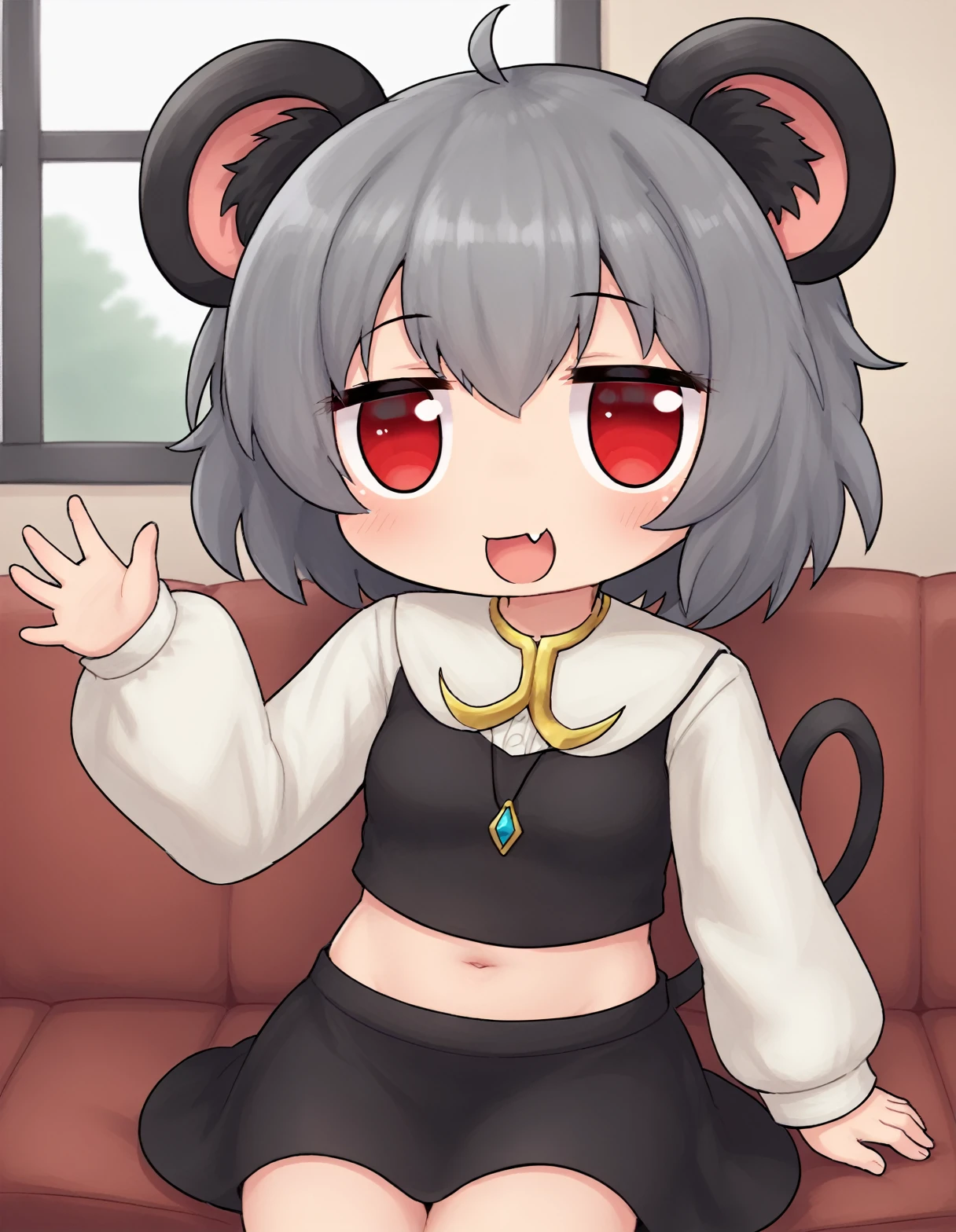 <lora:NYN:0.8>1girl, animal ears, solo, red eyes, mouse ears, navel, grey hair, skirt, short hair, open mouth, smile, nazrin, jewelry, looking at viewer, sitting, long sleeves, midriff, shirt, black skirt, fang, indoors, ahoge, :d, vest, blush, black vest, arm up, crop top, pendant, bangs, couch, white shirt, stomach, feet out of frame, breasts, window, necklace, miniskirt, skirt set