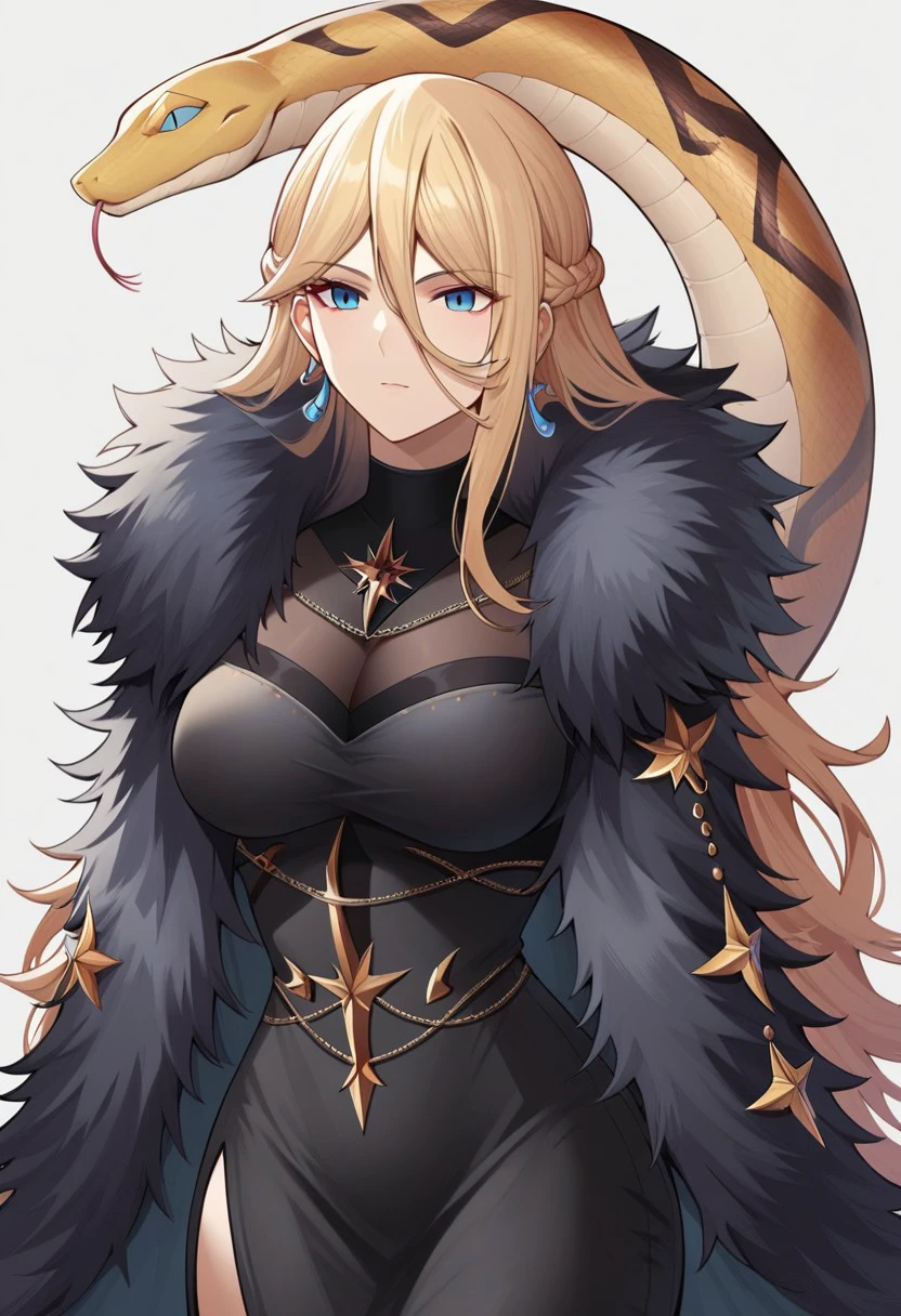 score_9,score_8_up,score_7_up, camilla_(kichiku_eiyuu), long hair, large breasts, blue eyes, blond hair, 1girl, solo, hair between eyes, bangs, braid,  snake, camilla_default ,black dress, long dress, jewelry, earrings, fur trim, fur-trimmed coat,