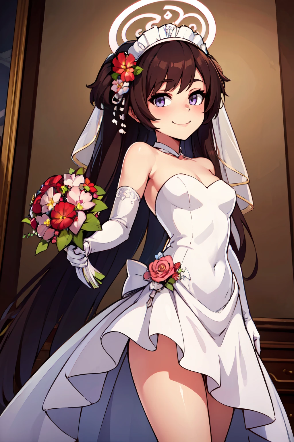 ((masterpiece,best quality)), absurdres,  BREAK, , <lora:Shizuko_BlueArchive_Citron:0.8>,, zzShizuko, hair ornament, long hair, purple eyes, brown hair, halo, hair flower, very long hair, hair bow, black hair , BREAK, bride, wedding dress, bridal veil, strapless dress, elbow gloves, holding bouquet,, BREAK, solo, smile, looking at viewer, cowboy shot,