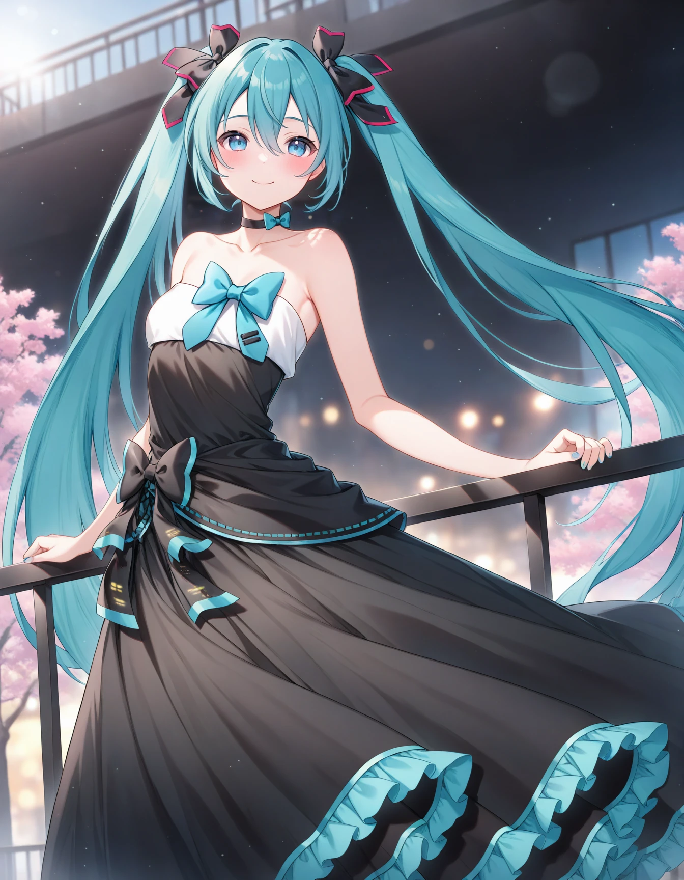 (miyuki \(miyuki0529\):1.1025),(nekonyan:1.1576),
mikusymphony2017, 1girl, hatsune miku, very long hair, blue eyes, hair between eyes, twintails, collarbone, black frilled dress, strapless long dress, bare arms, black bow, black choker, blue bow, 
smile, blush, aroused, cinematic lighting,  dynamic angle, looking afar,
against railing,
burry background, bokeh,
outdoor, cherry blossom,
masterpiece, best quality, amazing quality, very aesthetic, absurdres,
 <lora:Fixhands_anime_bdsqlsz_V1:1>  <lora:mikusymphony2017_anynoob10_B:0.8>,