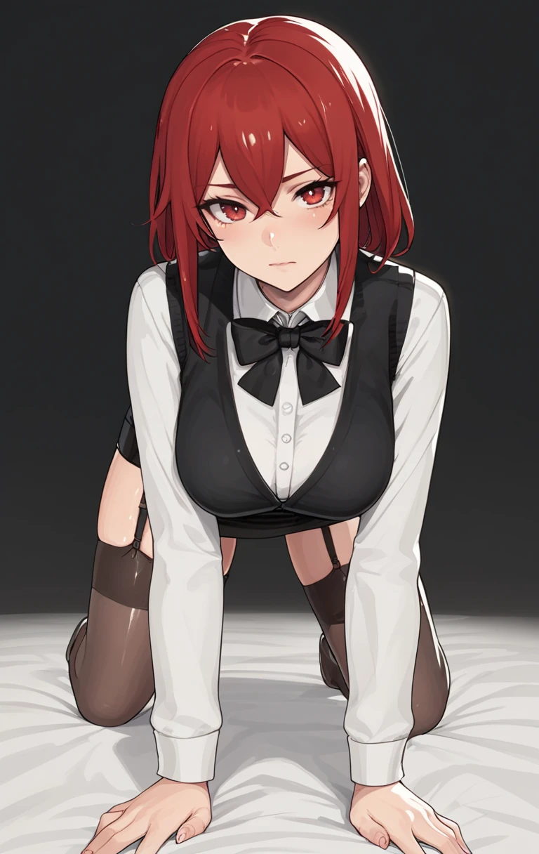 (masterpiece, highest quality:1.2), bazett, FGO, One girl, alone, short hair, Redhead, bangs, Red eyes,  blush、Big Breasts, Black gloves, , tie, shirt, Upper Body, Earrings, (Pulling off your pants、Cute white panties)
