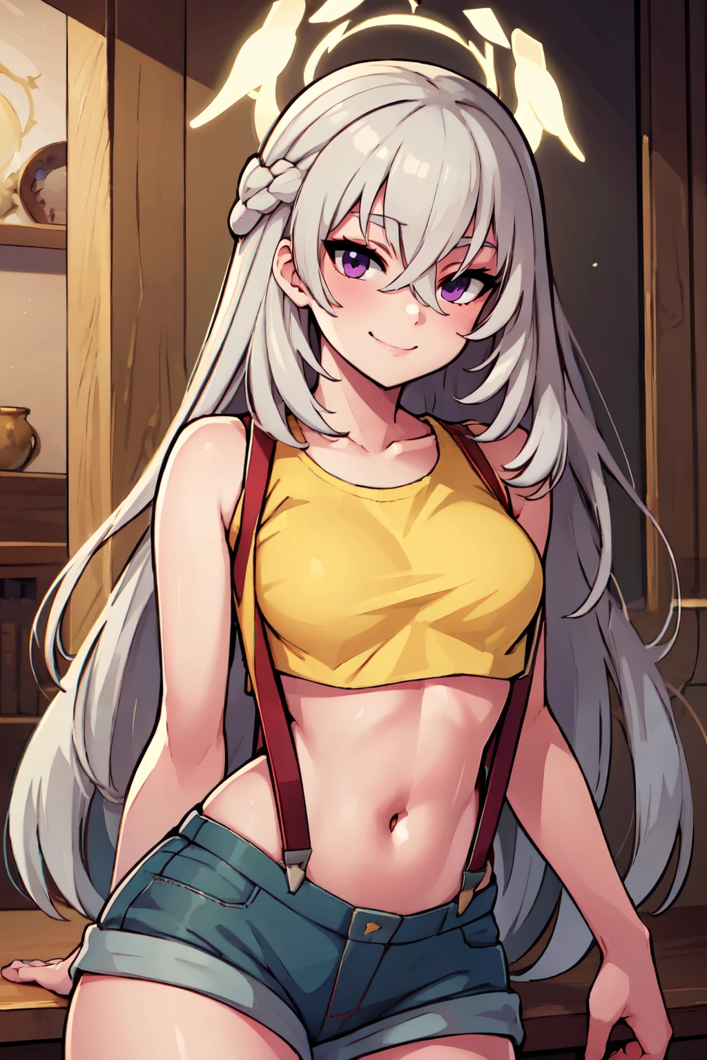 ((masterpiece,best quality)), absurdres,  BREAK, , <lora:Sakurako_BlueArchive_Citron:0.8>,, zzSakurako, long hair, grey hair, halo, purple eyes, hair between eyes, very long hair, red eyes, BREAK,  <lora:Misty_Pokemon_Cosplay_v3:0.8>,  misty (pokemon) (cosplay), yellow crop top, suspenders,, BREAK, solo, smile, looking at viewer, cowboy shot,