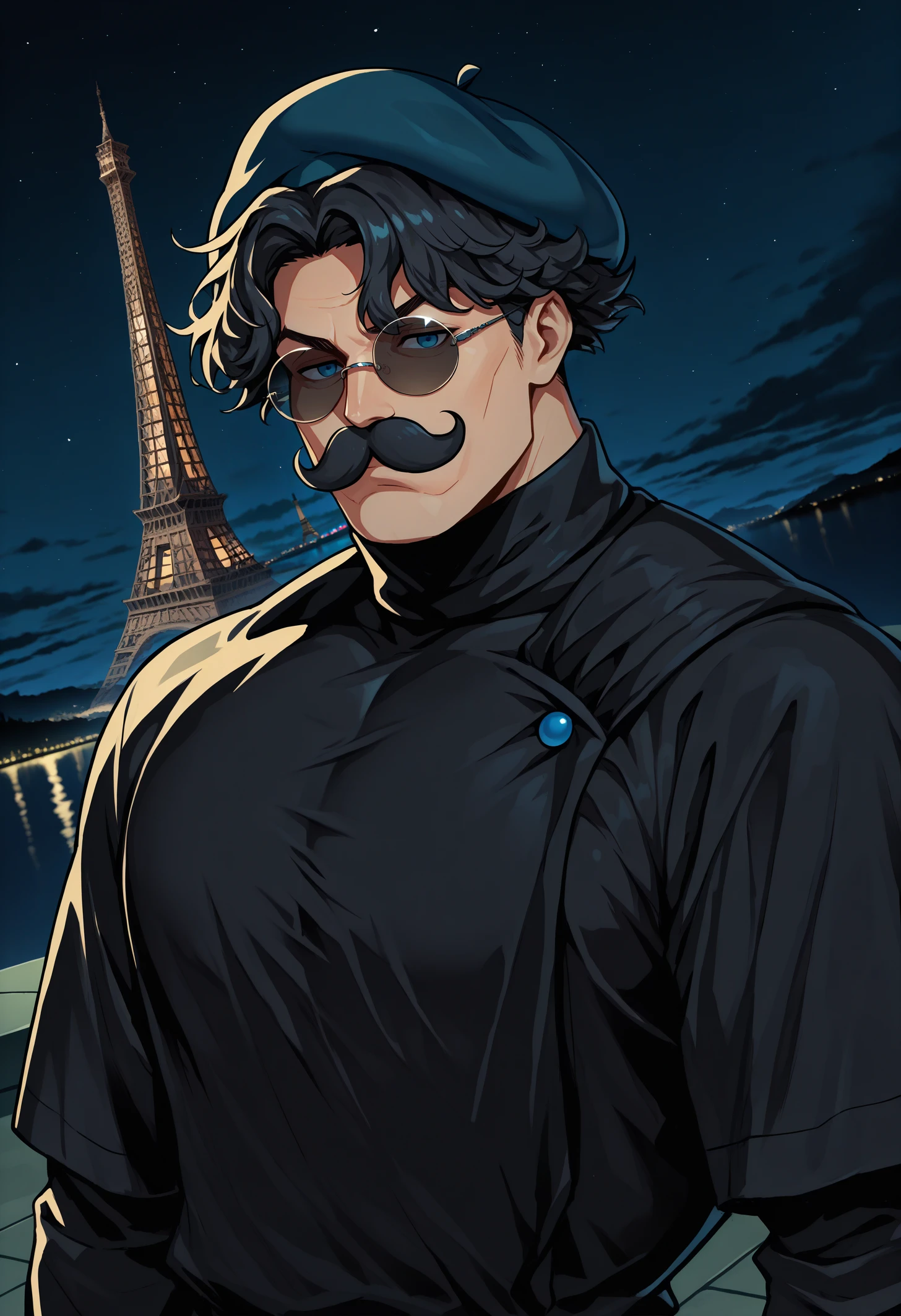 masterpiece, best quality, 1boy, big fake mustache, french beret, lit eiffel tower, black long sleeve shirt, night, dark enviroment, turtleneck, black hair, messy hair, short hair, blue eyes, sunglasses, circle-frame eyewear, black tunic, thick hair, rimless eyewear, dutch angle,