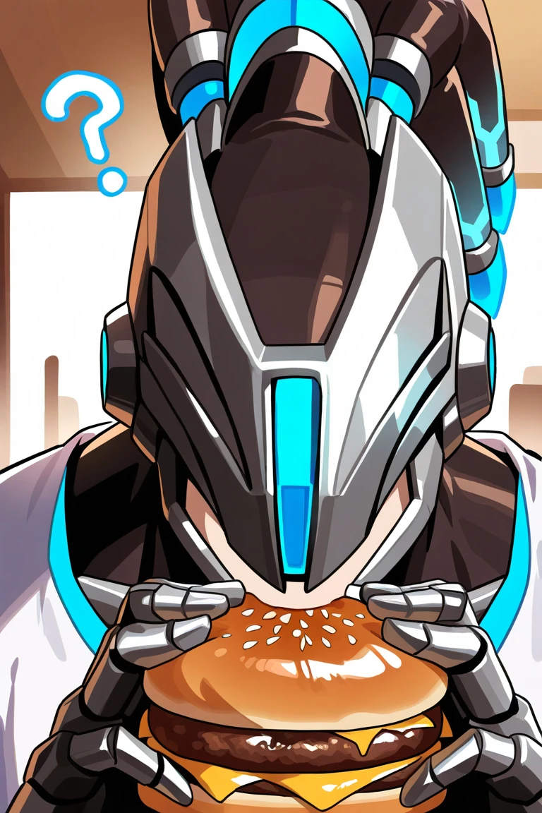 day, natural lighting, question mark, cyborg male focus, eating, holding burger, covered mouth, looking at viewer, smiling, expressive face, AlphaML, brown-blue_AlphaML_high ponytail, helmet, shirt, asymmetrical print on shirt, 1cyborg male, indoors restaurant, straight-on, intricately detailed illustration, masterpiece, best quality, amazing quality, very aesthetic, absurdres, newest