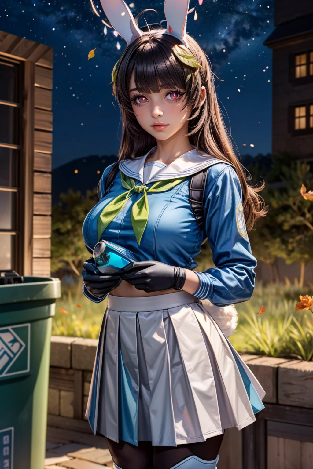 (ultra realistic,32k, masterpiece:1.2),(high detailed skin:1.1),( high quality:1.1), <lora:IllyasvielVonEinzbern_v1:0.7>, zzIllya, looking at viewer, night, outdoors, sky, BREAK,   <lora:Miyu_BlueArchive_Citron:0.8>, zzMiyu, black hair, long hair, red eyes, halo, leaf on head, ahoge, animal ears, rabbit ears, fake animal ears, , blue serafuku, blue skirt, long sleeves, white pantyhose, black gloves, blue shirt, green neckerchief, leaf, white footwear, white sailor collar, pleated skirt, sneakers, bolt action, knee pads, single knee pad, blunt bangs, bright pupils, trash can  ,BREAK,  blooming stars, luminescent petals, otherworldly fragrance blurry background, (looking at viewer, standing:1.1), huge breast, large breast, <lora:add_detail:0.92>, (glowwave:1.1),