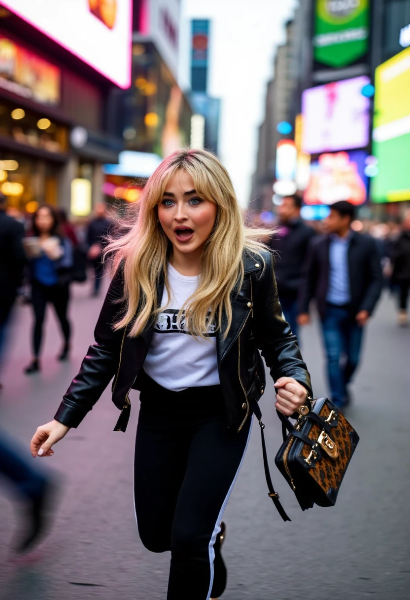 {    "T5": "A candid, high-ISO photograph in the style of paparazzi journalism, capturing Sabrina Carpenter in a frenzied, blurred motion as she desperately flees from a swarm of zealous fans, her bright blue eyes darting frantically to her left as she clu...