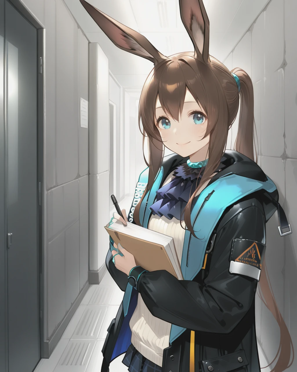 <lora:amamitsuki_illustrious_v1_uo-000050:0.8> amamitsuki, 1girl, amiya \(arknights\), arknights, holding file, walking, concrete wall, indoors, looking at viewer, light smile, upper body, looking back,, masterpiece