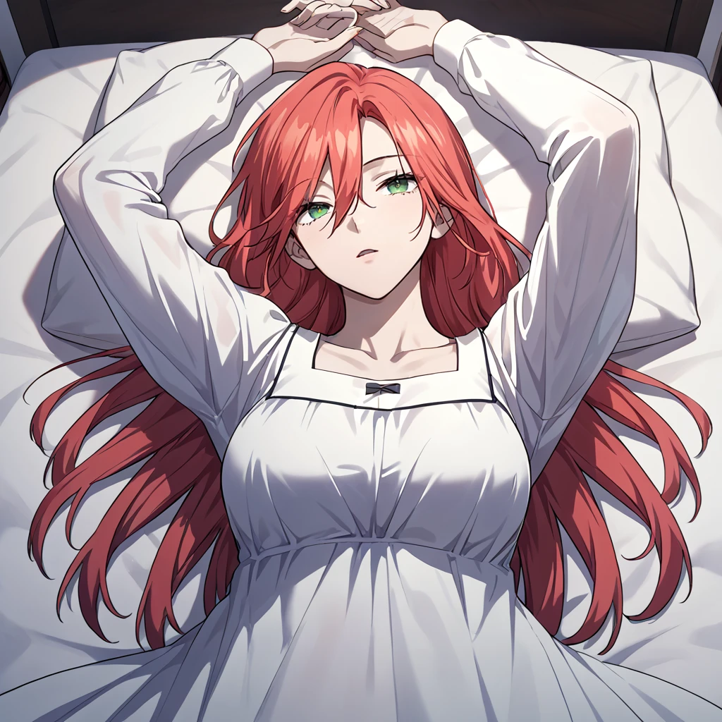 1girl, solo, amy_karmis, green eyes, red hair, long hair, breasts, bangs, hair between eyes, nightgown, white night gown, long sleeves
looking at viewer, arms up, parted lips, head tilt, 
score_9, score_8_up, score_7_up, masterpiece,zPDXL3,  indoors, bed, on back, lying, on bed, 
<lora:Amy_Karmis:0.75>