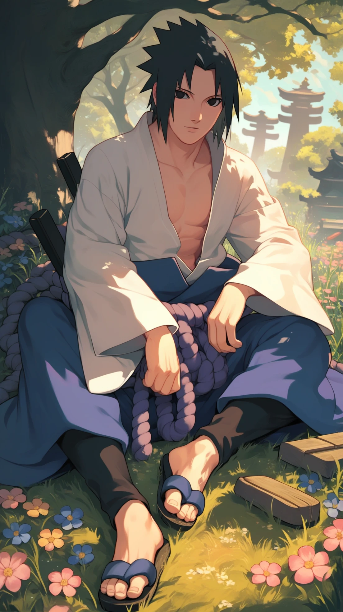 score_9, score_8_up, score_7_up, source_anime, detailed, novel illustration, wallpaper, sasuke uchiha, 1boy, black hair, black eyes, looking at viewer, white shirt, japanese clothes, long sleeves, wide sleeves, open clothes, rope, ninja, pants, sandals, sitting, grass, tree, flowers, outdoors, nature