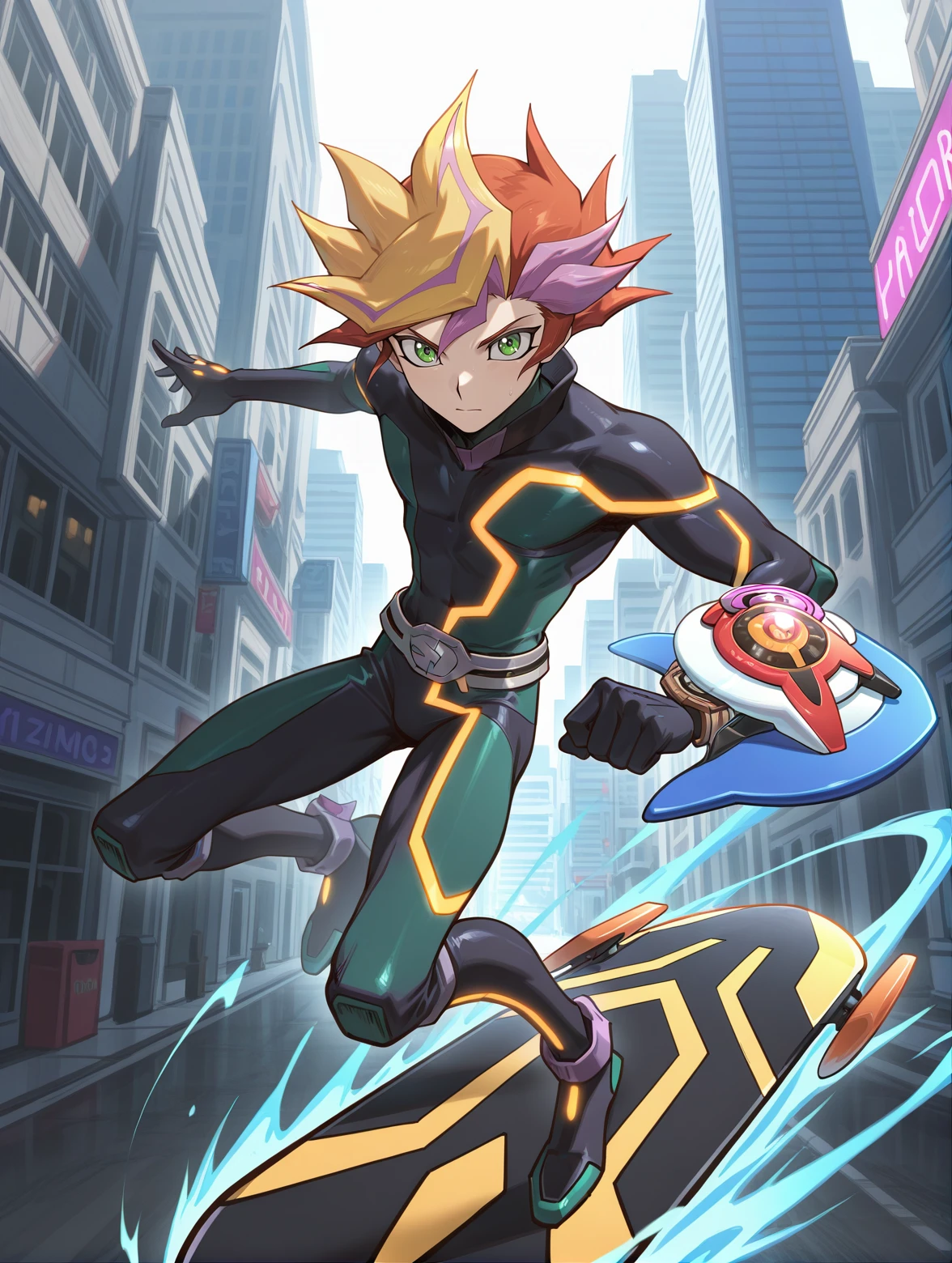 playmaker \(yu-gi-oh!\),1boy,male focus,solo,sketch,looking at viewer,closed mouth,belt,full body,duel disk,black bodysuit,high collar,riding,city,skateboard,solo
masterpiece,best quality,amazing quality,very aesthetic,absurdres,newest,
<lora:Playmaker, Accesscode, Decode Talker & Firewall Dragon illuXL v1.1:0.8>,