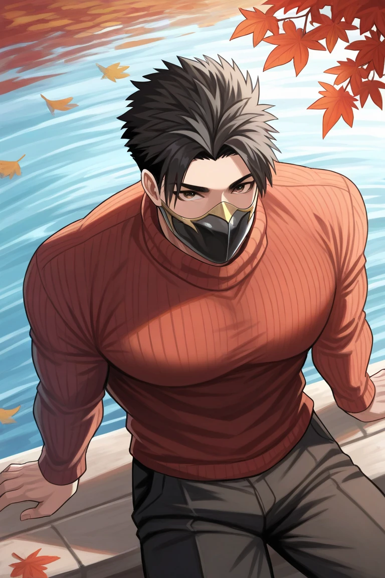 day, natural lighting, autumn theme, autumn leaf, leaves, water, water ripple, masked male focus, looking up at viewer, sitting, smiling, happy, expressive face, HayabusaML, red_HayabusaML_eyes, black_HayabusaML_spiked hair, mask, autumn clothes, sweater, pants, manly, 1masked male, blurry outdoors, from above, dutch angle, intricately detailed illustration, masterpiece,best quality,amazing quality,very aesthetic,absurdres,newest