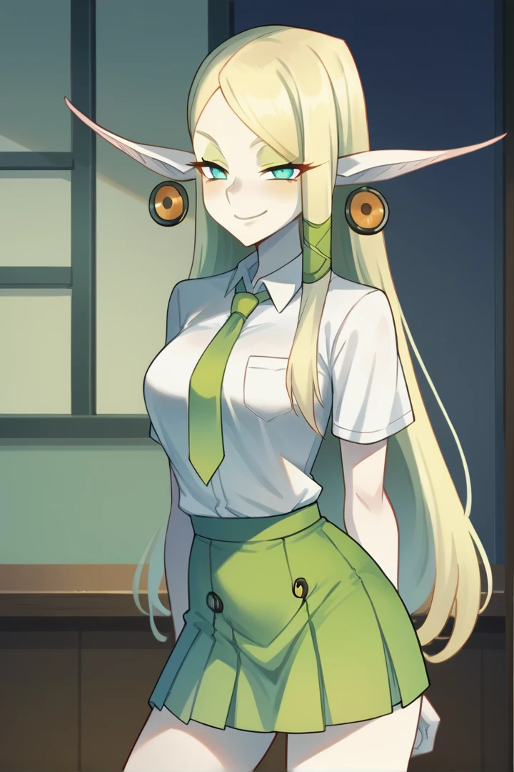 score_9, score_8_up, score_7_up, source_anime, prefect lighting, very aesthetic, BREAK, Cra, 1girl, female, blonde, sleek hair, long hair, elf ears, pale skin, green eyes, green and yellow earrings, circular earrings, school uniform, white shirt, green skirt, green tie, indoors, school, looking at viewer, smug face, cowboy shot, dynamic pose, official art