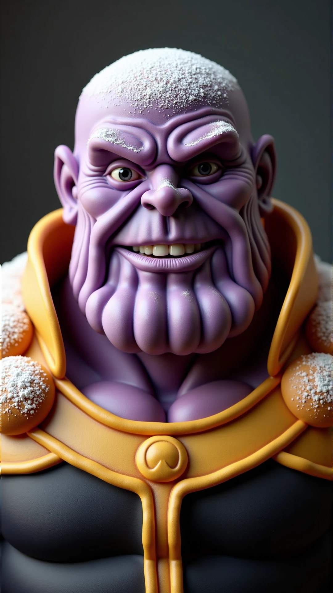 A photo of a SemlaStyle Marvel's character: Thanos Purple big man, muscles, big chin, bald, golden black clothes color, armored, big metal gauntlet made entirely out of semla which made out of wheat material with whipped cream and with powdered sugar on top. Food craft.<lora:SemlaStyleFlux:1>