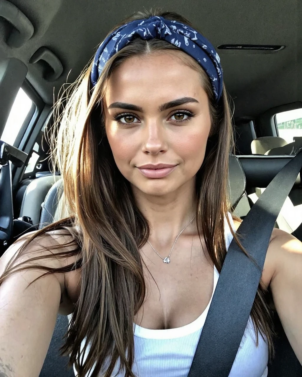 A close-up portrait of xenia_deli seated inside a car. She wears a blue headband with a pattern, a white tank top, and a silver necklace with a pendant. Her long, straight brown hair flows down her back. She has a neutral expression and is looking directly at the camera. The background shows the interior of the car, with the sun shining through the window. The image style is candid and natural, capturing a moment of stillness.