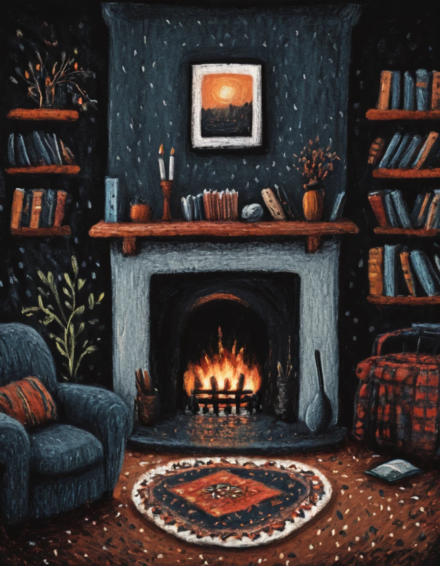 novuschroma style cozy study with a fireplace <lora:013_novuschromaSXL_b3:1>