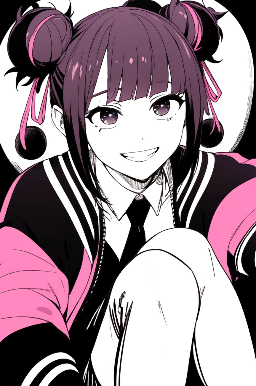 smiling, grinning, sparkling eyes, (monochrome_background:1.0) , pink highlights, hair highlights,  black hair, (black_jacket:1.2), striped jacket, peace sign, v sign,Hinao_(Kagurabachi), 1girl, Double bun hairstyle, sidelocks, odango hairstyle, dual-toned hair, dual colored hair, brown eyes, necktie, formal clothing, white shirt, skirt, hair ribbon, formal pants, cute, light colored skin, sitting down