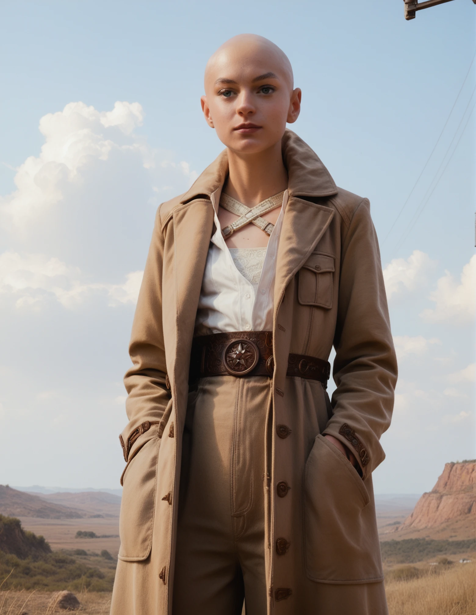 beautiful, blue eyes,pants,  skinny, coat, hands on pockets, solo, female, bald, sky background, belt<lora:Cassandra_Nova:0.8> cassandra_nova, score_9, score_8_up, score_7_up, score_6_up, (ultra sharp focus)