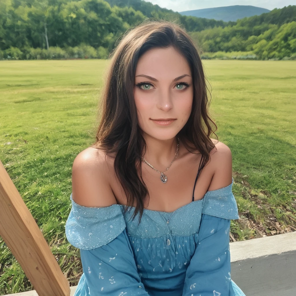 masterpiece, best quality,  <lora:Pony_Michele_Fitzgerald_-_Survivor_Seasons_32_and_40:1>, m1chf1tz, 1girl, solo, long hair, necklace, brown hair, realistic, outdoors, looking at viewer, off shoulder,  bare shoulders, photo background, dress, blue dress, green eyes, upper body, black hair