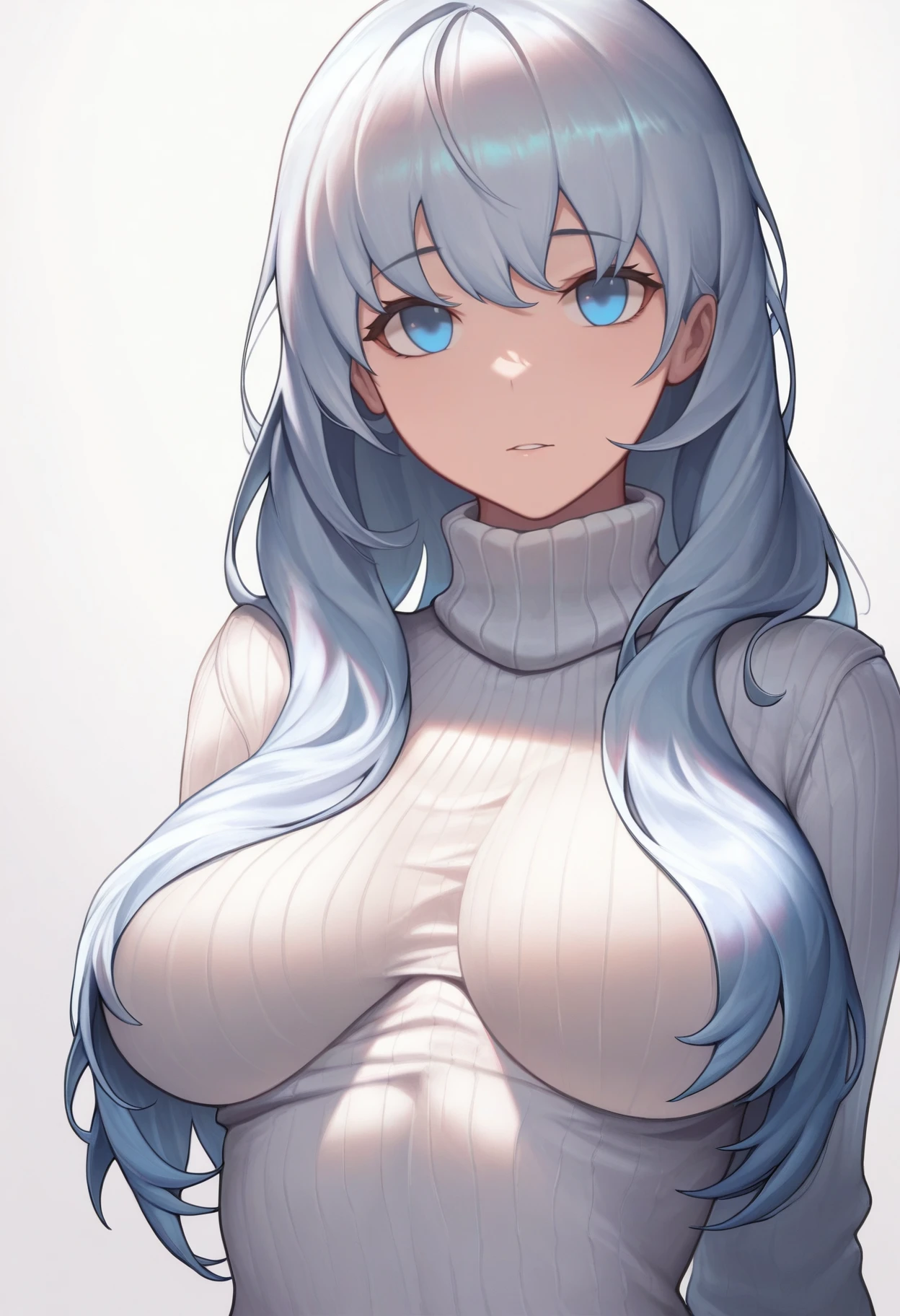 masterpiece, best quality, 1girl, solo, turtleneck sweater, white sweater, ribbed sweater, looking at viewer, impossible clothes, <lora:lostgirl-terraria-richy-v1_ixl:1>  lostgirl, blue eyes, blue hair, silver hair, hair censor