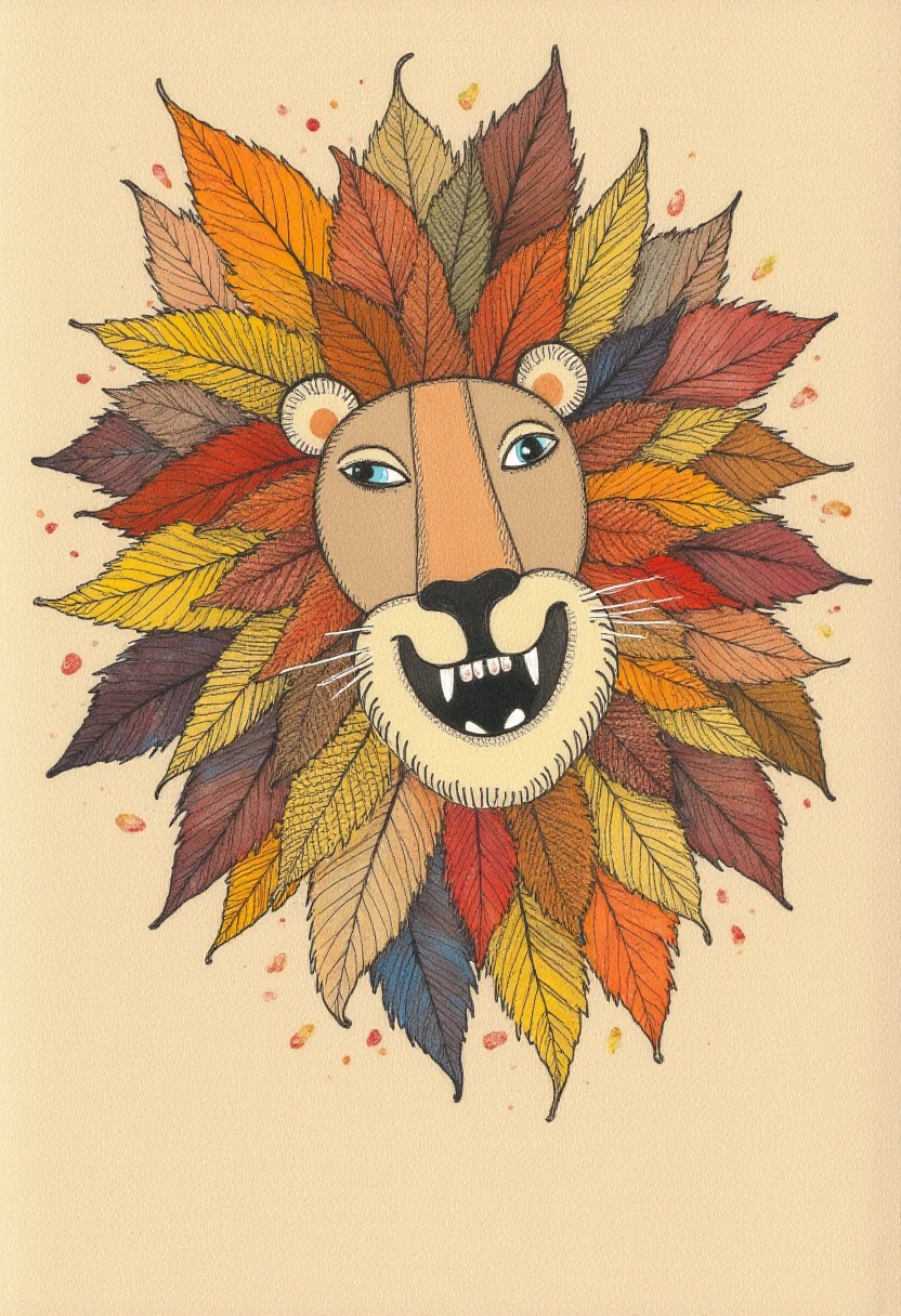 on a sheet of textured kraft paper, felt-tip pen and watercolor drawing of a laughing lion, whose mane is made of colored dead leaves and flowers, margeougreve,