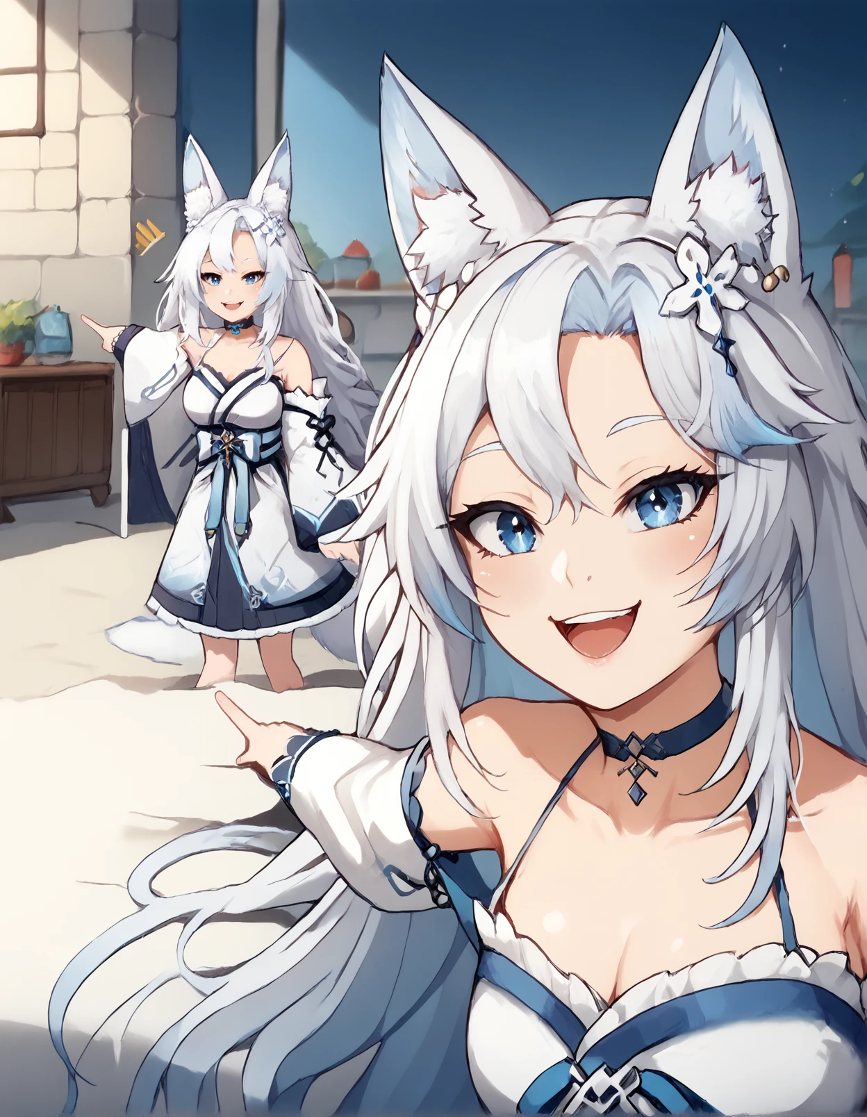 <lora:smug_alana:.7> al4ana, blue eyes, long hair, white hair, hair ornament, loose hair, choker, detached sleeves, robes, animal ears, smile,  <lora:soyjack:1> soyjack, open mouth, pointing, :o, 1girl, <lora:hand 4:0.5> hand person, 
<lora:feet v3:0.5> feet style, 
<lora:Eyes_High_Definition:0.25> eyeshd