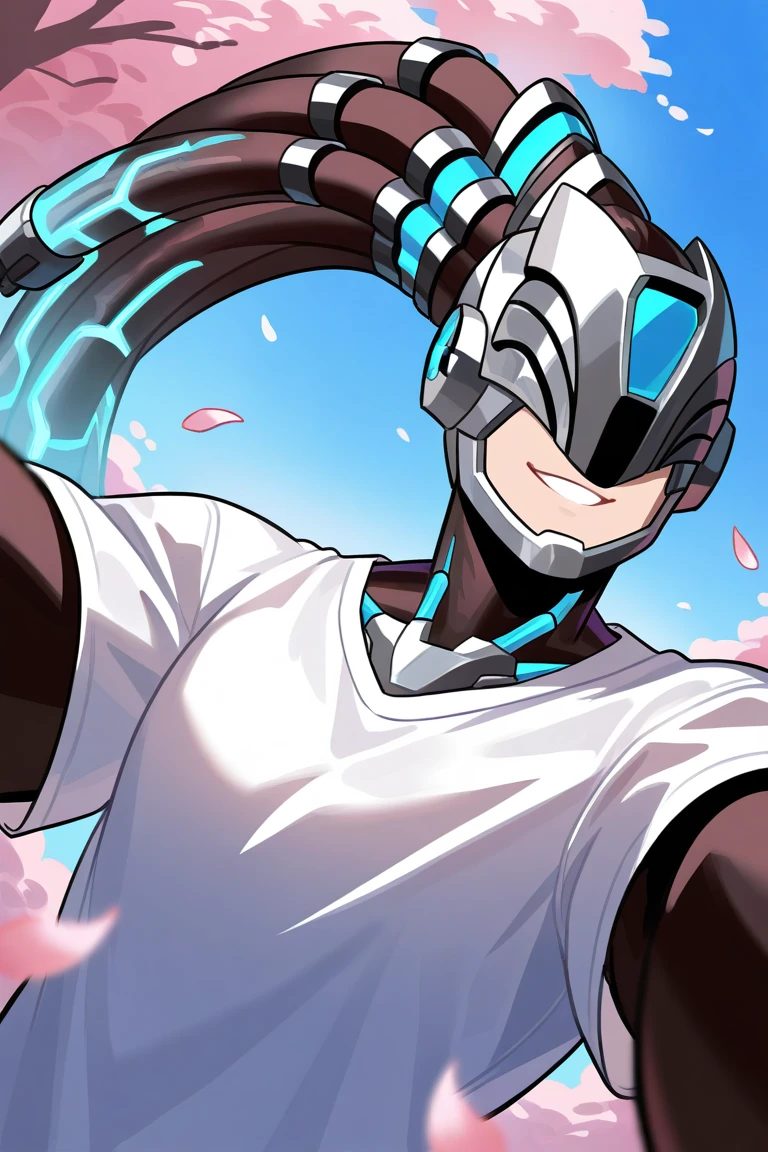 day, natural lighting, spring theme, flowers, petals, cyborg male focus, solo, selfie, outstretched arms, looking down at viewer, expressive face, smiling, AlphaML, brown-blue_AlphaML_high ponytail, helmet, shirt, 1cyborg male, blurry outdoors, from below, dutch angle, intricately detailed illustration, masterpiece, best quality, amazing quality, very aesthetic, absurdres, newest