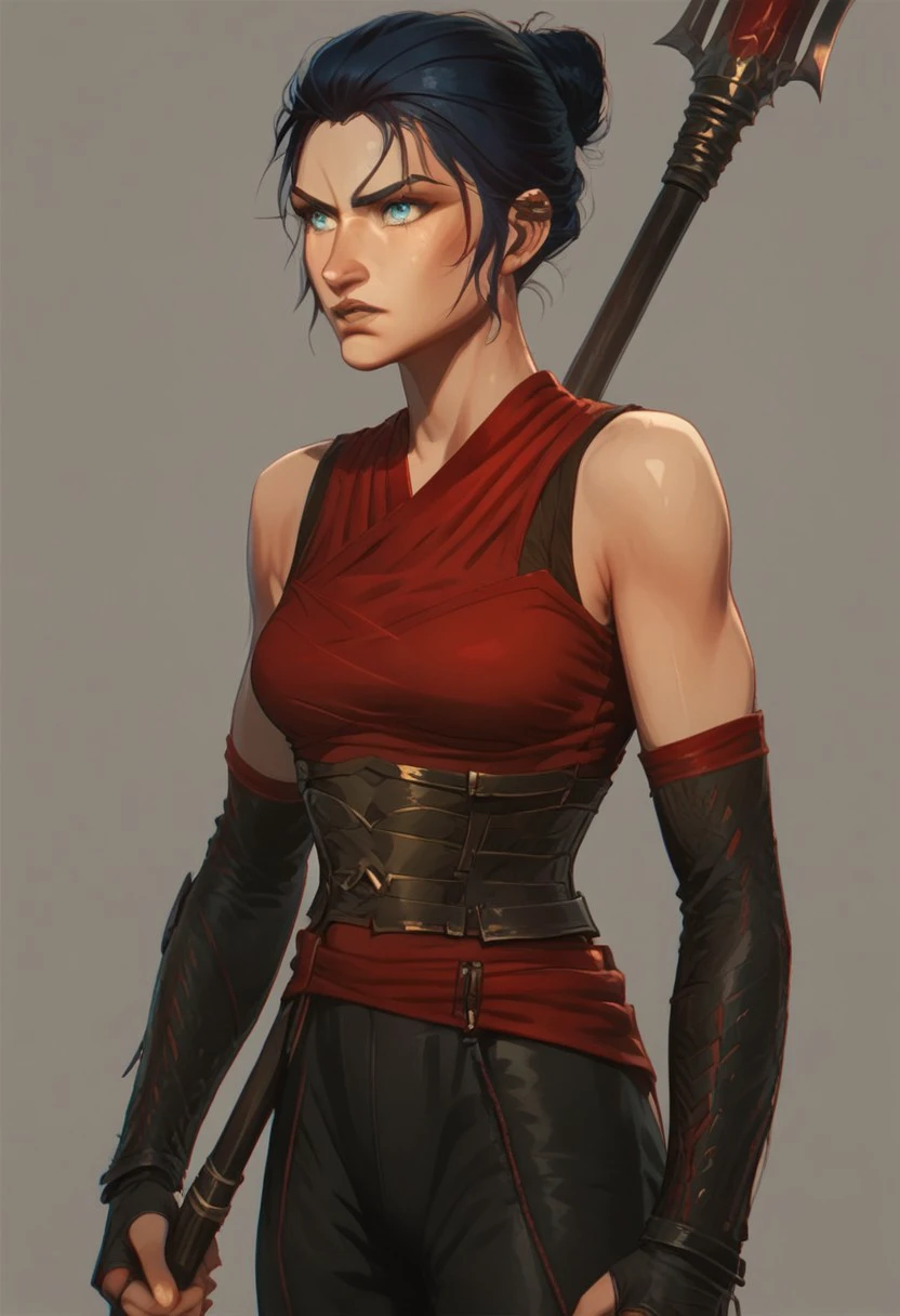 female focus, solo focus, solo, score_9, score_8_up, score_7_up, 1girl, Caitlyntrainingoutfit, pants, bare shoulders, black pants, gloves, red shirt, bangs, blue eyes, holding, weapon, holding weapon,