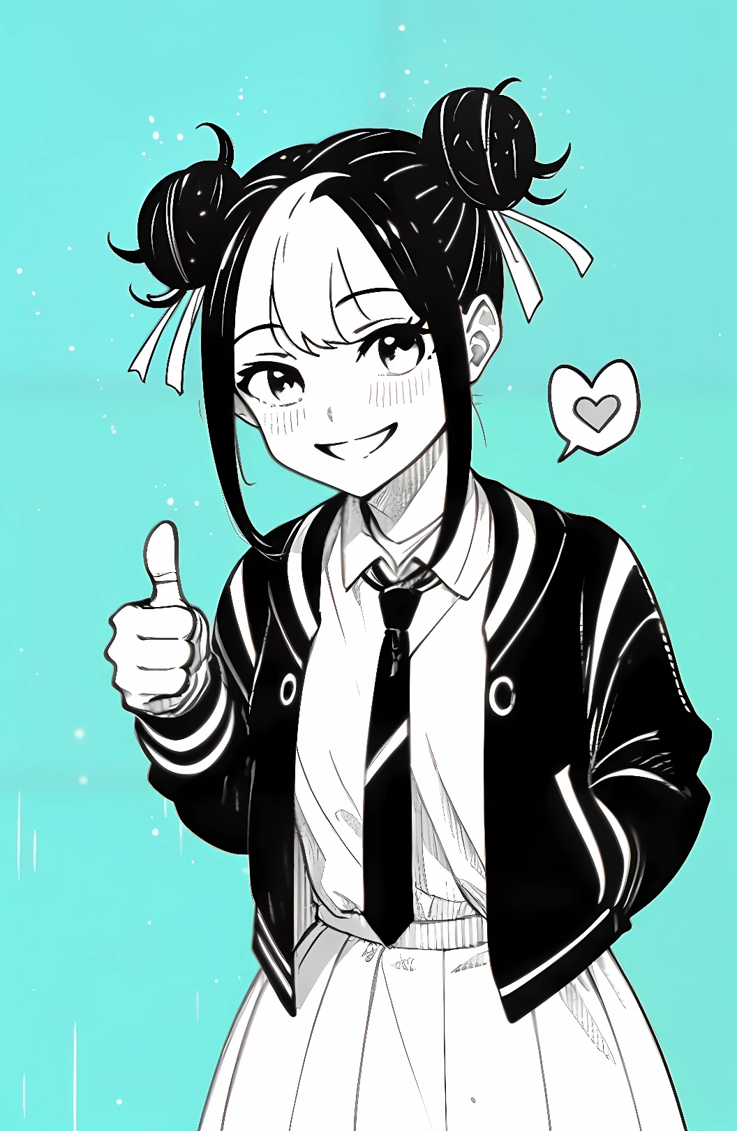 smiling, spoken heart, pastel colors, blue and yellow, multiple monochrome, monochrome background,Hinao_(Kagurabachi), 1girl, Double bun hairstyle, sidelocks, odango hairstyle, dual-toned hair, dual colored hair, brown eyes, necktie, formal clothing, white shirt, skirt, hair ribbon, formal pants, cute, light colored skin, thumbs up, 