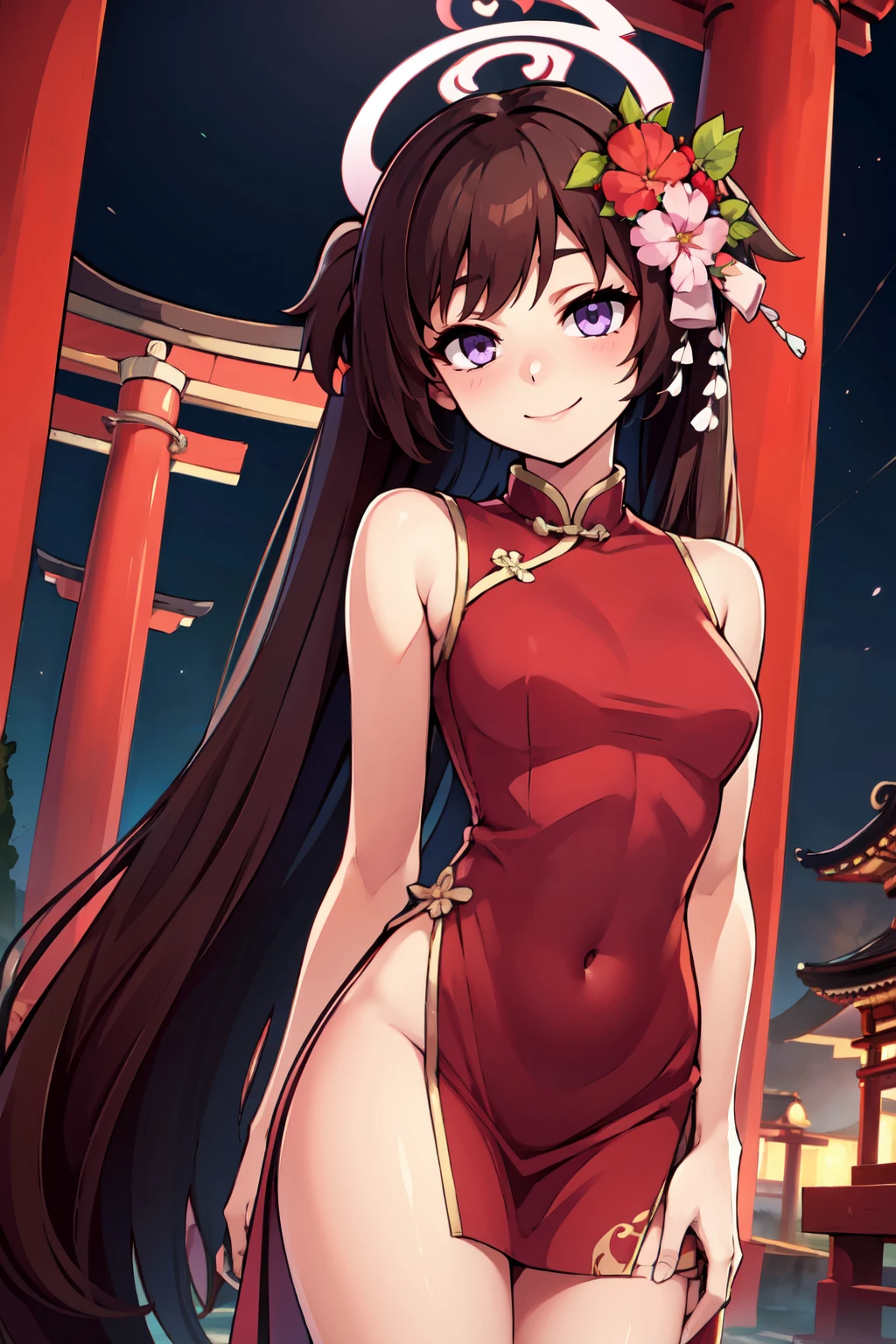 ((masterpiece,best quality)), absurdres,  BREAK, , <lora:Shizuko_BlueArchive_Citron:0.8>,, zzShizuko, hair ornament, long hair, purple eyes, brown hair, halo, hair flower, very long hair, hair bow, black hair , BREAK,  china dress, pelvic curtain, side slit, sleeveless, print dress, covered navel, no panties, outdoors, night, torii, shrine, east asian architecture, leaning forward, hand on own thigh, from above,, BREAK, solo, smile, looking at viewer, cowboy shot,