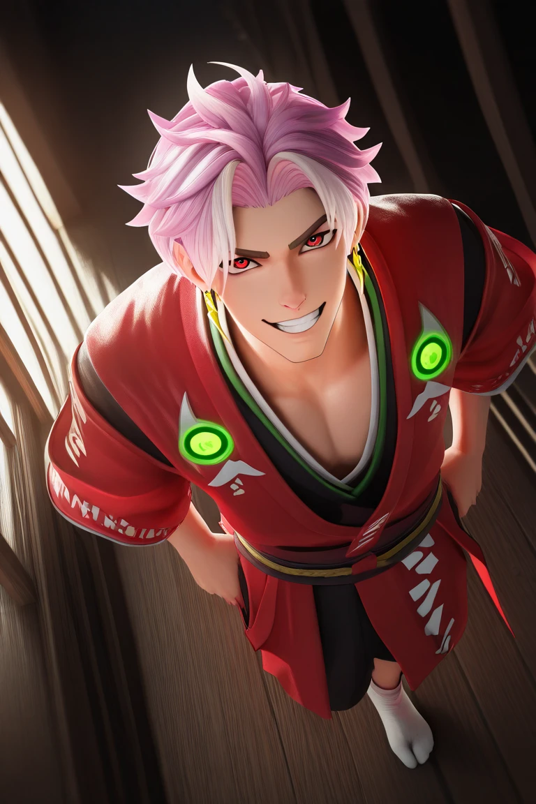 3D, 3D character, day, dark environment, backlighting, glowing, japanese theme, male focus, full body, leaning back, looking up at viewer, expressive face, SPFredrinnML, red_SPFredrinnML_eyes, pink_SPFredrinnML_male hair, gold_SPFredrinnML_earrings, grin, teeth, japanese clothes, yuakta, asymmetrical print on clothes, socks, 1boy, blurry indoors, wooden floor, scenery, from above, dutch angle, intricately detailed illustration, masterpiece,best quality,amazing quality,very aesthetic,absurdres,newest