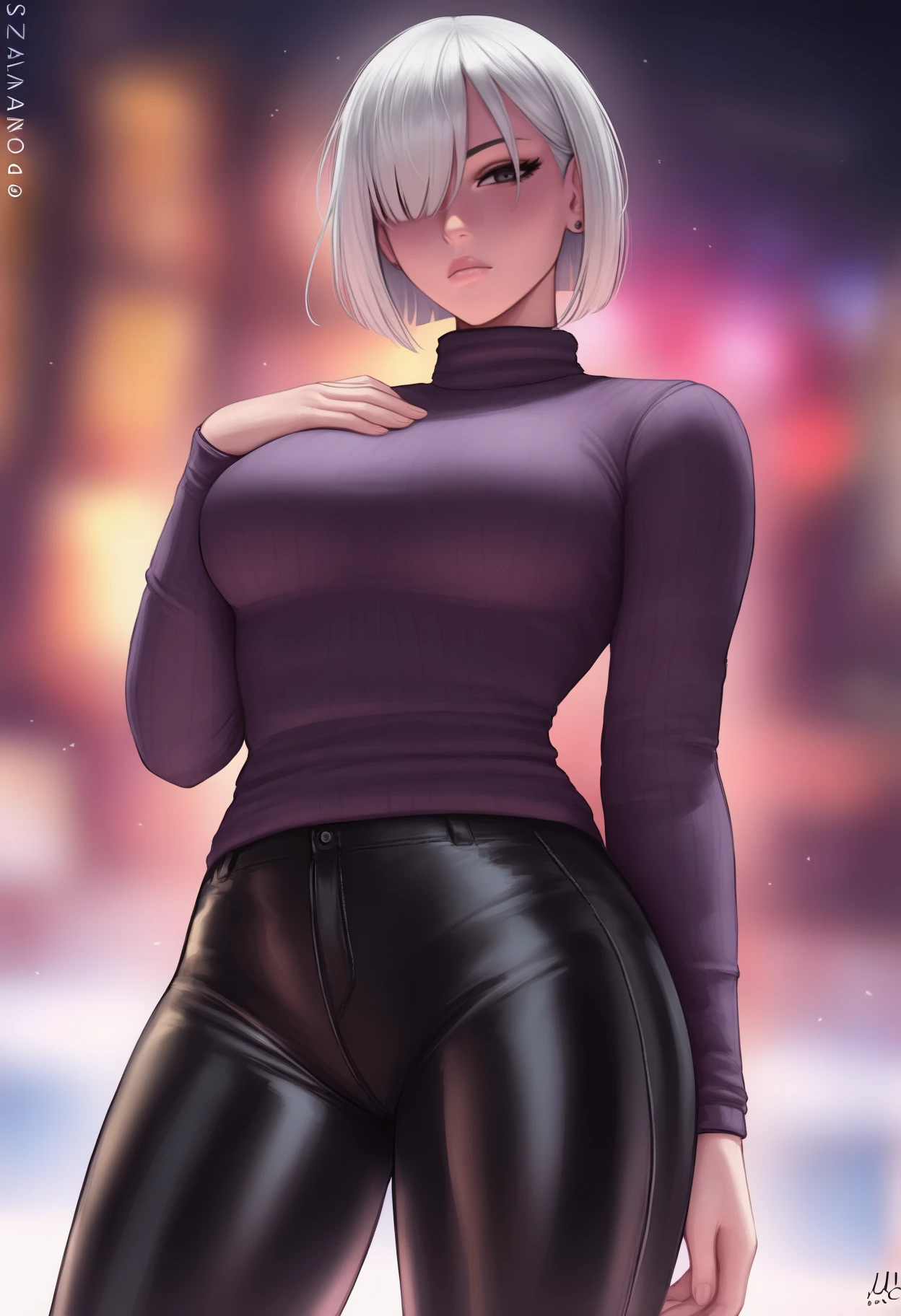 (sciamano240:0.7), masterpiece, best quality, <break> solo, 1girl, fionadef, expressionless, looking at viewer, standing, hand on own chest, arm at side, short hair, white hair, hair over one eye, grey eyes, purple sweater, turtleneck, long sleeves, black pants, leather pants, large breasts, blurry background
<segment:yolo-Anzhc Face seg 640 v2 y8n.pt,0.4,0.5//cid=1>