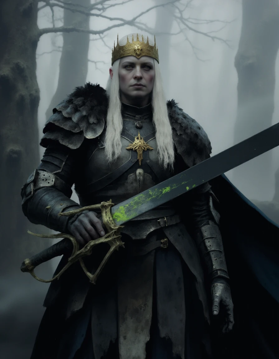 HDR photo of gloomy queen liege warrior in leather armor. crest as a raven,  battle-marked armor. and glowing golden crown that covers the face with ethereal shroud upwards. Long, silvery-white hair flows over her shoulders, She holds a huge sword in front of her, the blade of which is stained with sick greenish fluid-like blood. The background of the image is  square forest covered with gray fog, enhancing the mystical atmosphere. Her appearance, complemented by leather straps and bracers, 
 <lora:A_Dismal_Style:1> dismal . High dynamic range, vivid, rich details, clear shadows and highlights, realistic, intense, enhanced contrast, highly detailed