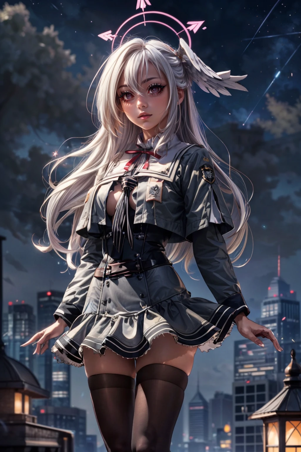 (ultra realistic,32k, masterpiece:1.2),(high detailed skin:1.1),( high quality:1.1), <lora:IllyasvielVonEinzbern_v1:0.7>, zzIllya, looking at viewer, night, outdoors, sky, BREAK,   <lora:Suzumi_BlueArchive_Citron:0.8>, zzSuzumi, long hair, halo, red eyes, hair between eyes, wings, head wings, white hair, grey hair, single head wing, very long hair, ,neck ribbon , black thighhighs, long sleeves, school uniform, grey skirt, shirt, brown footwear, loafers, grey jacket, standing  ,BREAK,  blooming stars, luminescent petals, otherworldly fragrance blurry background, (looking at viewer, standing:1.1), huge breast, large breast, <lora:add_detail:0.92>, (glowwave:1.1),