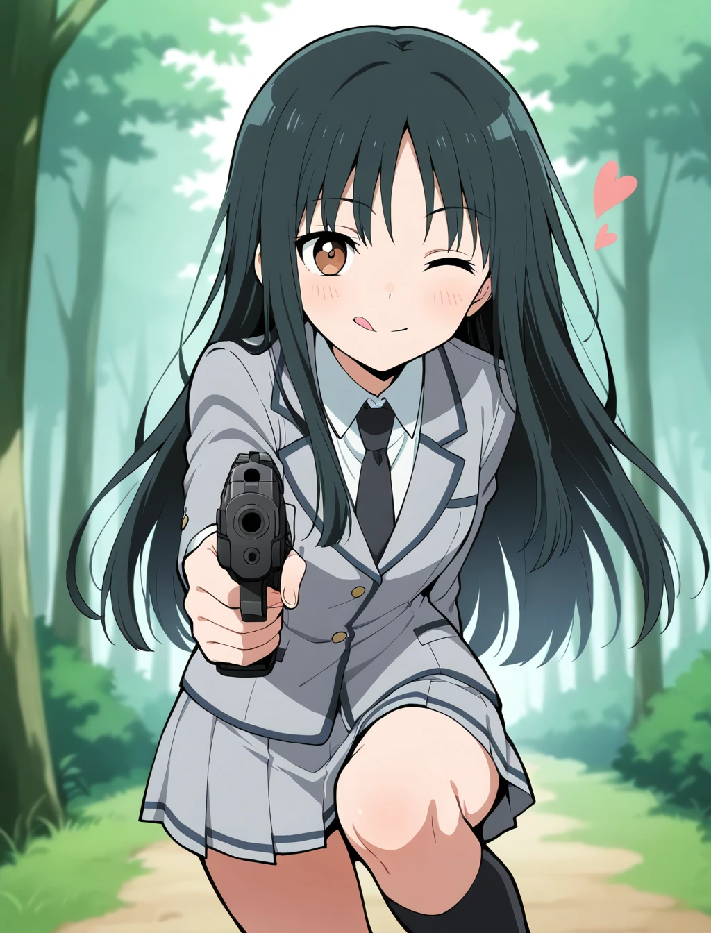 1girl,solo,Yukiko Kanzaki,black hair,long hair,brown eyes,school_uniform,gray jacket,gray skirt,white_shirt,collared_shirt,black necktie,black kneehighs,aiming_at_viewer,holding handgun,one eye closed,licking_lips,;d,heart,depth_of_field,forest,face_focus,
masterpiece,best quality,amazing quality,very aesthetic,absurdres,anime screenshot,<lora:Yukiko_Kanzaki_i1:1>,