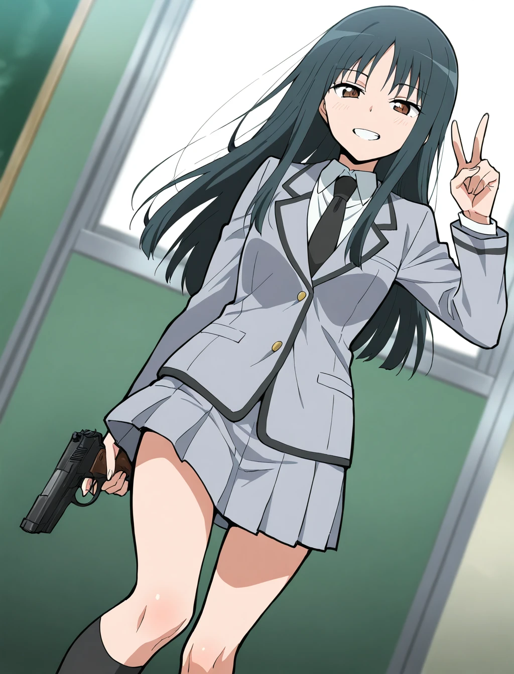 <lora:Yukiko_Kanzaki_i1:1>,1girl,solo,Yukiko Kanzaki,black hair,long hair,brown eyes,school_uniform,gray jacket,gray skirt,white_shirt,collared_shirt,black necktie,black kneehighs,holding handgun,v,grin,depth_of_field,dutch angle,cinematic_angle,
masterpiece,best quality,amazing quality,very aesthetic,absurdres,anime screenshot,