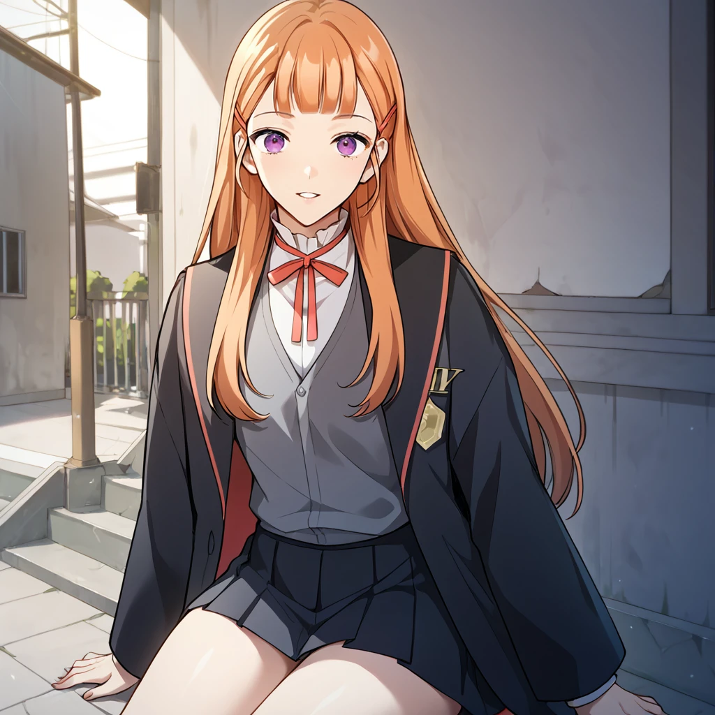 1girl, solo, sharelle, long hair, blunt bangs, bangs, orange hair, purple eyes, ribbon, red hairclip, neck ribbon, black jacket, red ribbon, black robe, white shirt, school uniform, grey vest, black skirt, thighs, 
looking at viewer, 
score_9, score_8_up, score_7_up, masterpiece,zPDXL3, outdoors, 
 <lora:Sharelle:0.85>