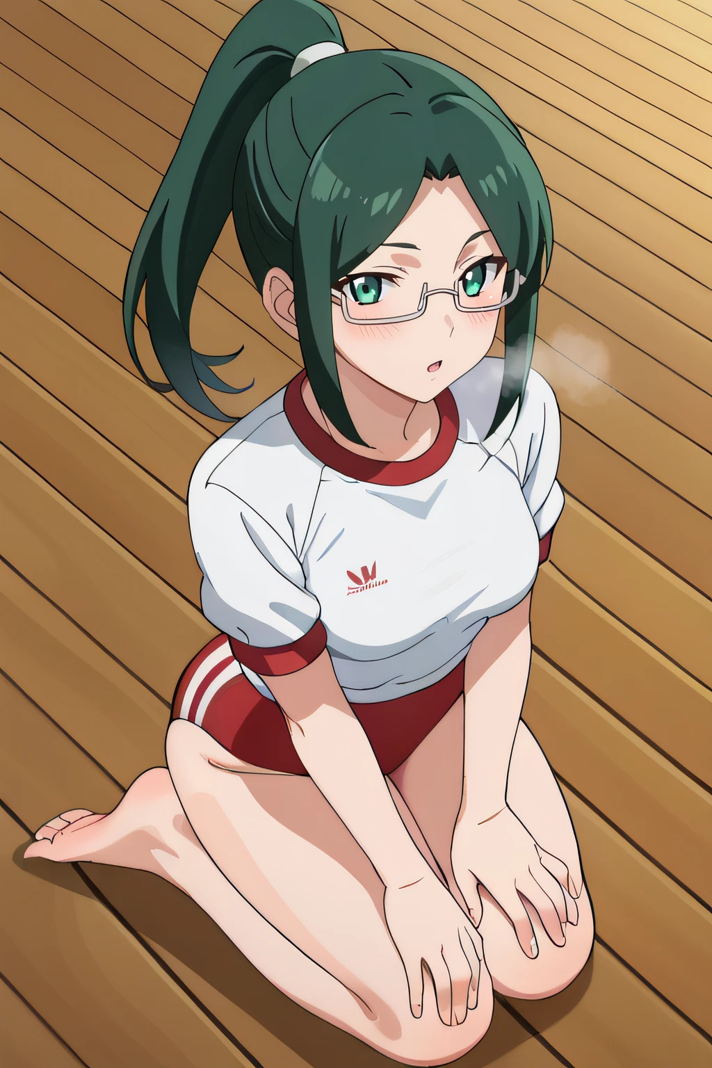 score_9, score_8_up, score_7_up, source_anime, rating_safe, intricate details, anime screencap, official style, 1girl, solo, <lora:Spinel_Fean:1>, spinelfean, green eyes, green hair, ponytail, glasses, medium breasts, looking at viewer, full body, wooden floor, gym uniform, white shirt, short sleeves, red buruma, barefeet, kneeling, blush, breath, looking at viewer, open mouth, hands on knees