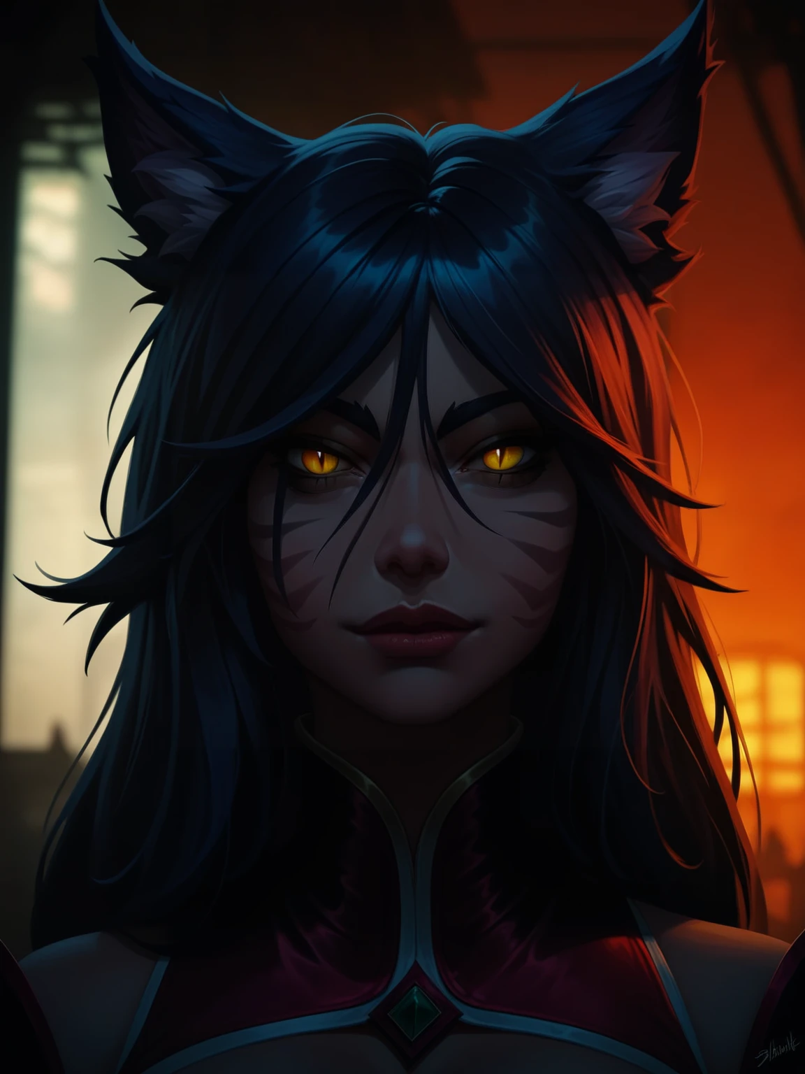 score_9, score_8_up, score_7_up,
best aesthetic, High-Res, Masterpiece, High Quality,
1girl, solo focus, dimlight, dark environment, blurry background, looking at viewer, arrogant,
1girl, ahri_rk, animal ears, fox ears, facial mark, black hair, long hair, yellow eyes, whisker markings, slit pupils,
<lora:Ahri_Ruined_KingLeague_of_Legends:0.7>
 <lora:darkness_xl_v10:0.25>
<lora:dark:0.2>
 <lora:glow_v2:0.25> glowing, glowing eyes
<lora:vivid_everclear:0.25>