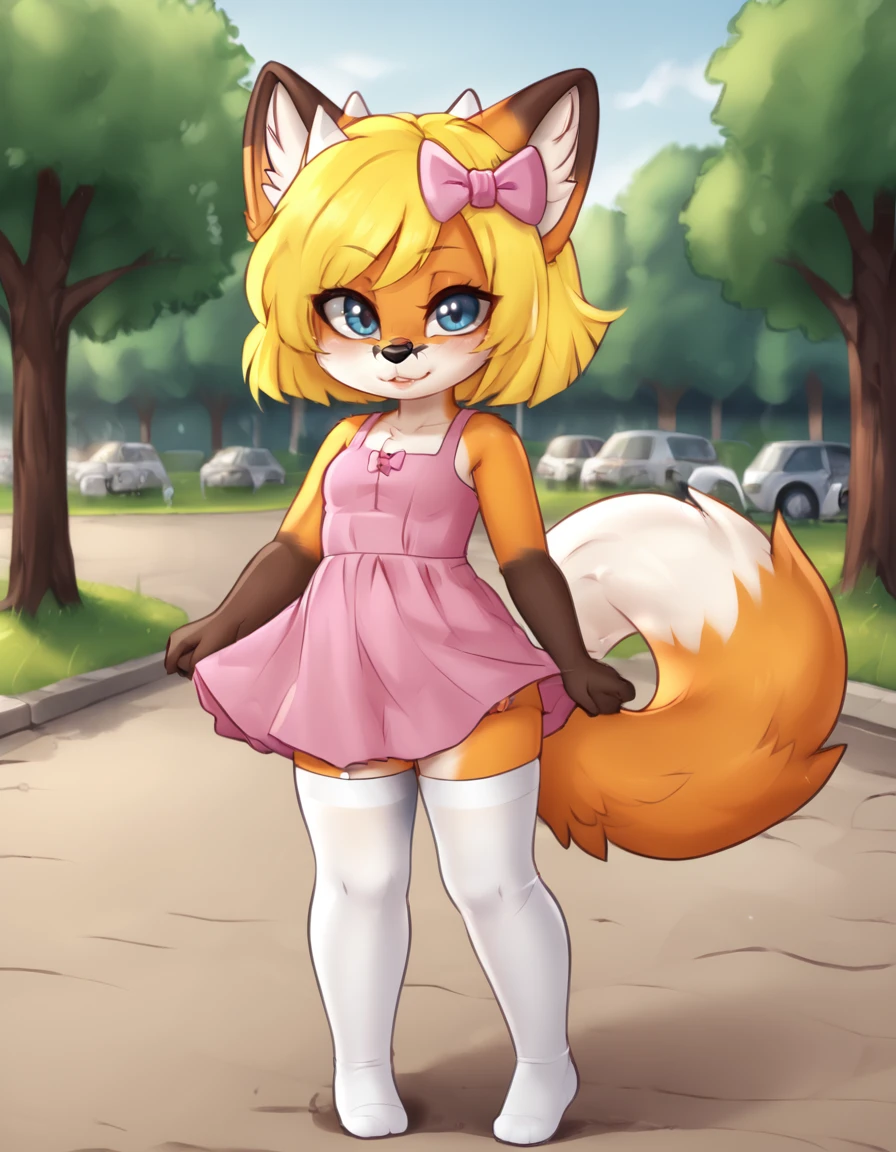 outdoors,detaile background,park,
Katinka,1girl,solo,short hair,blonde hair,animal ears,fox ears,furry female,fox tail,blue eyes,hair bow,pink bow,fox girl,white fur,animal nose,bangs,body fur,two-tone fur,
full body,seductive smile,parted lips,
pink sundress,white thighhighs,
<lora:Katinka_v01_PDXL:1>,