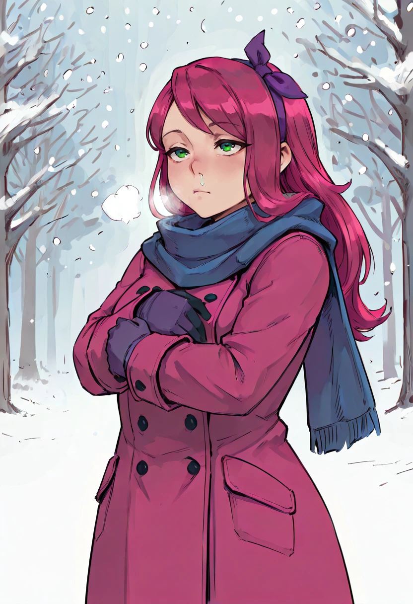 masterpiece, best quality, high quality, 1girl, solo, <lora:NSStylistTerraria:1> NSStylistTerrariaIllu, pink hair, long hair, green eyes, purple hairband, hugging self, shiver, shivering, runny nose, snot, winter coat, pink coat, blue scarf, expressionless face, winter, snowing